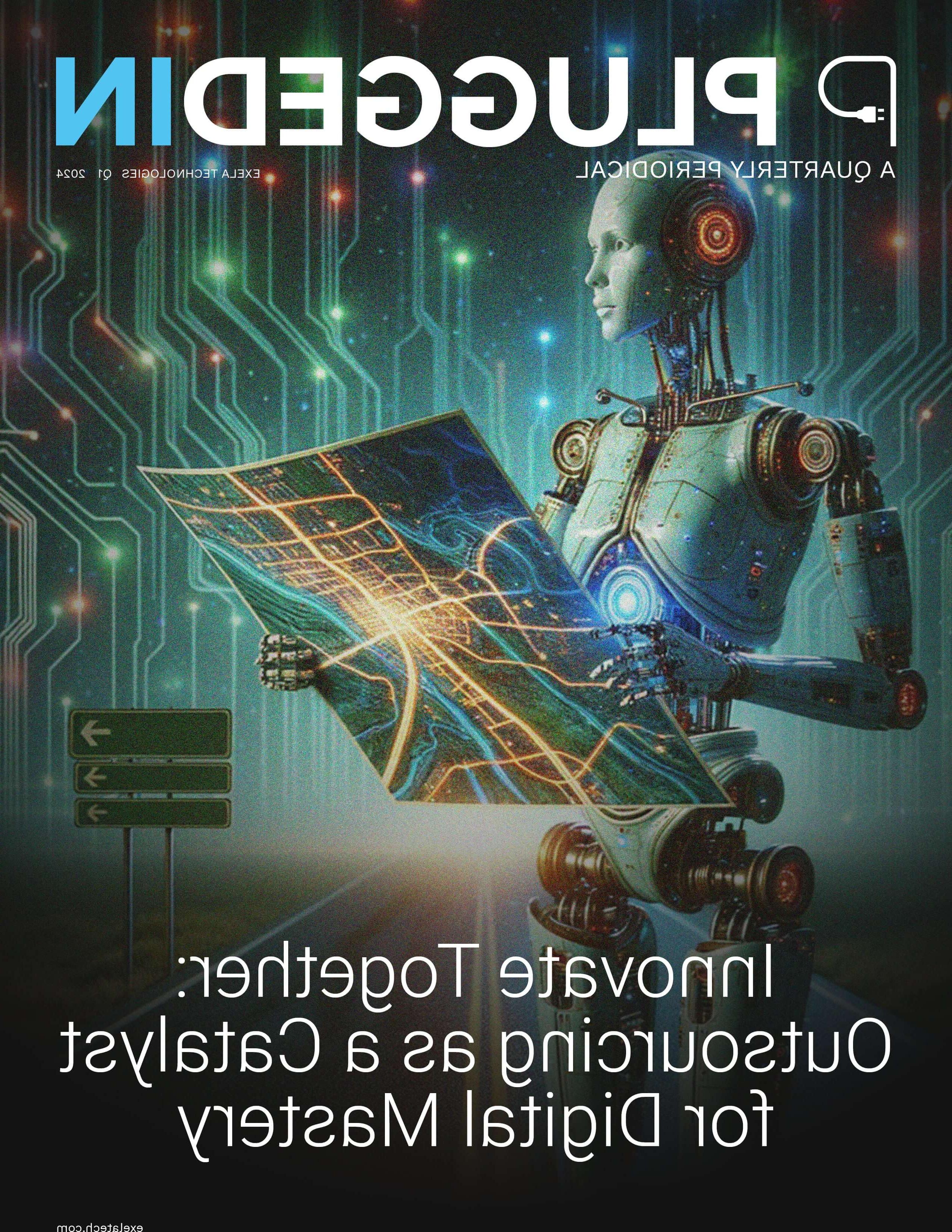 图为云顶集团400811公司于2024年出版的季刊《plug IN》的封面. 它的特点是一个手持发光数字蓝图的机器人形象, 电路板背景过渡到外太空. 封面标题是“共同创新:外包作为数字化掌控的催化剂”,和exelatech网站.Com”被列在底部.