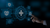 Futuristic healthcare interface with a person interacting with digital icons of health-related documents, secure data, and medical symbols on a dark background.