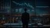 一个身穿深色西装的人站在一大堆数字屏幕前，屏幕上显示着复杂的金融数据和图表. 背景展示了一个城市的夜景, 到处都是灯光和城市建筑, 象征着高科技, 数据驱动的财务分析或交易环境.